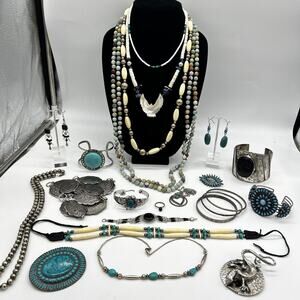 Vintage Estate Jewelry Lot Southwest Inspired Turquoise Tone Silver Tone & More